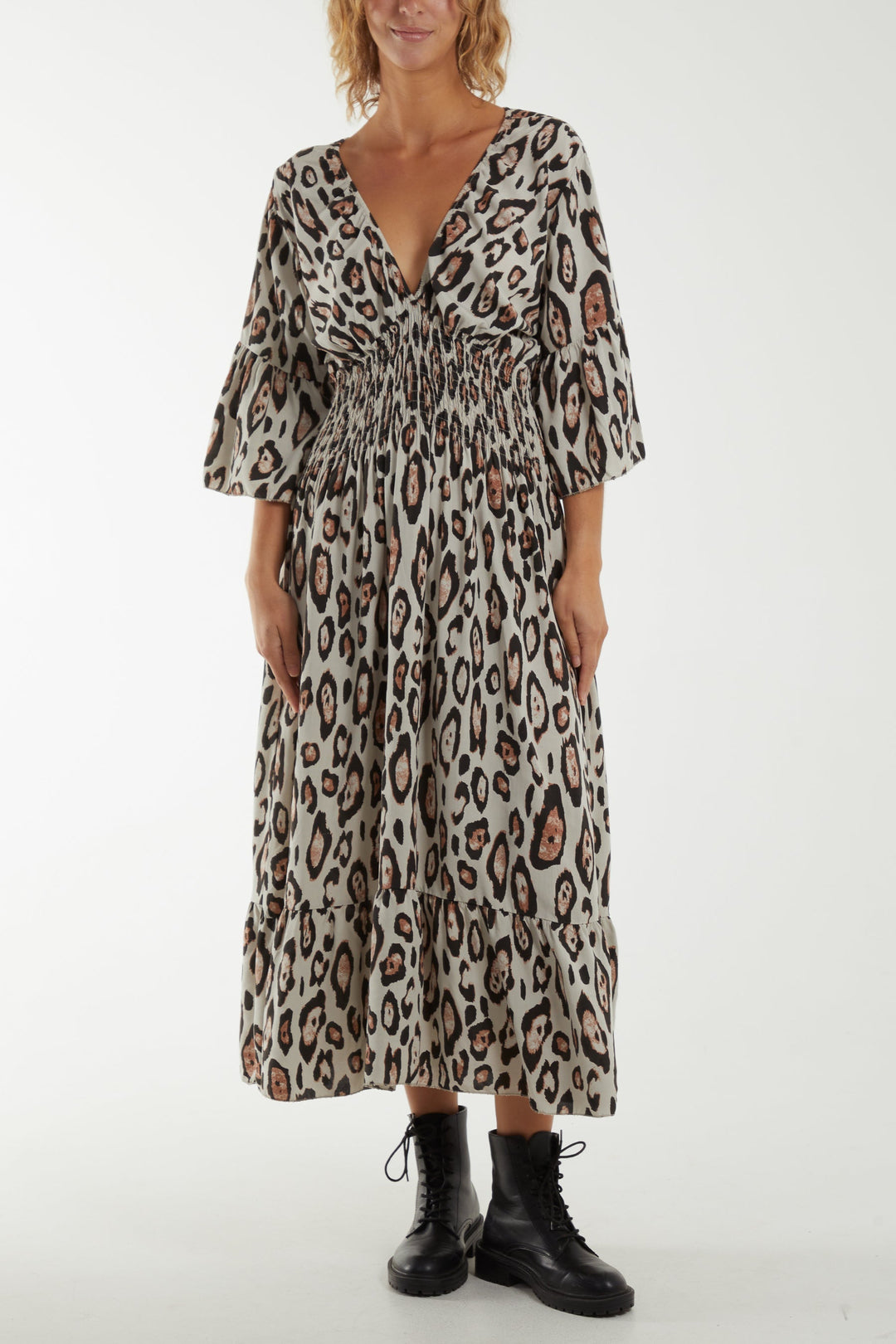 Leopard Shirred Bodice Maxi Dress