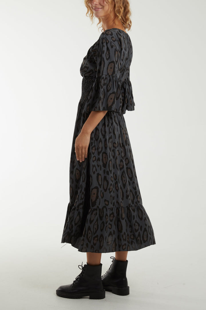 Leopard Shirred Bodice Maxi Dress