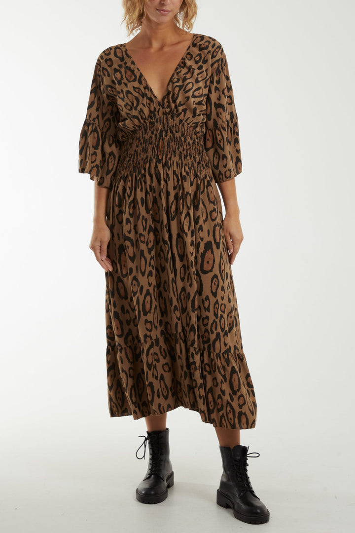 Leopard Shirred Bodice Maxi Dress