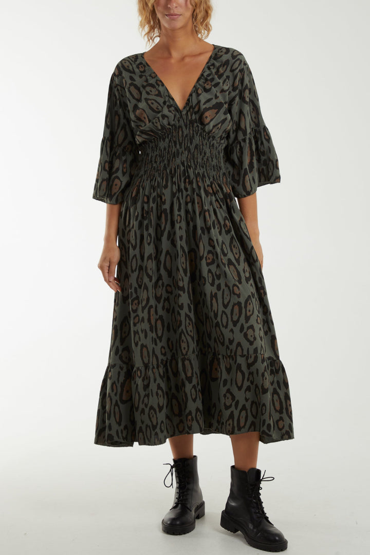 Leopard Shirred Bodice Maxi Dress