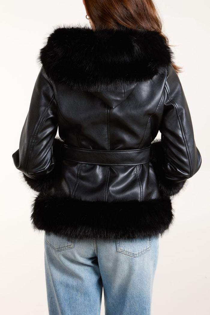 Pu & Faux Fur Zip & Belted Peplum Jacket