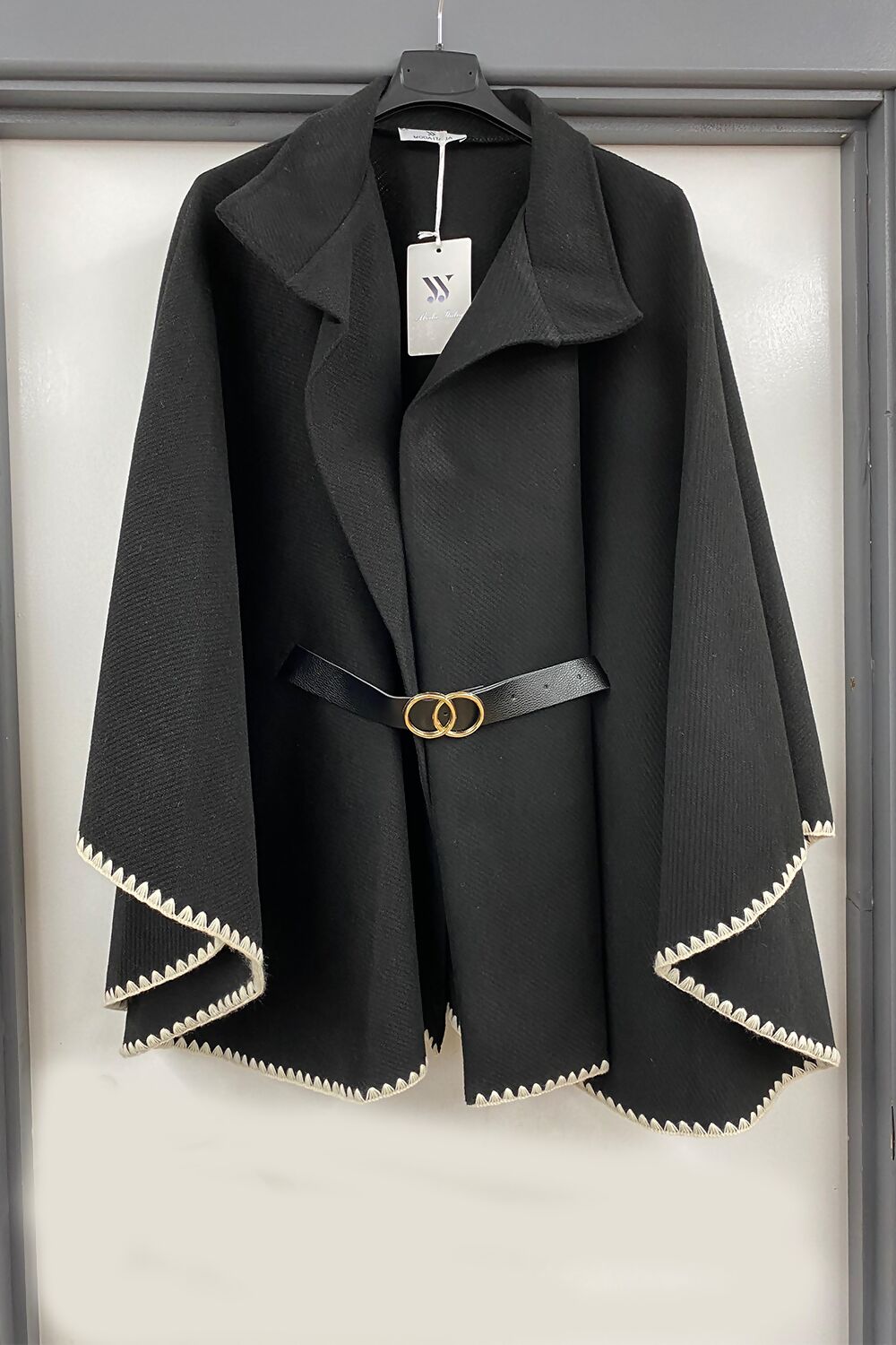 Oversized Contrast Edge Matching Belted Cape Coat