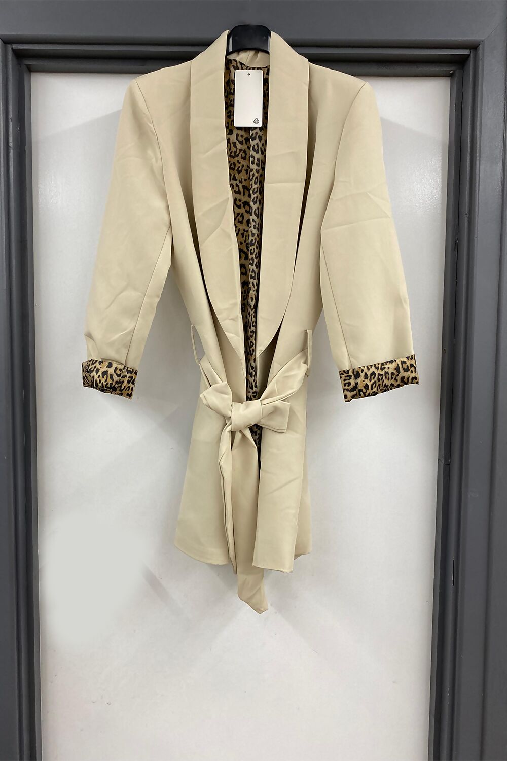 Leopard Cuff Print Belted Mid Length Blazer Jacket