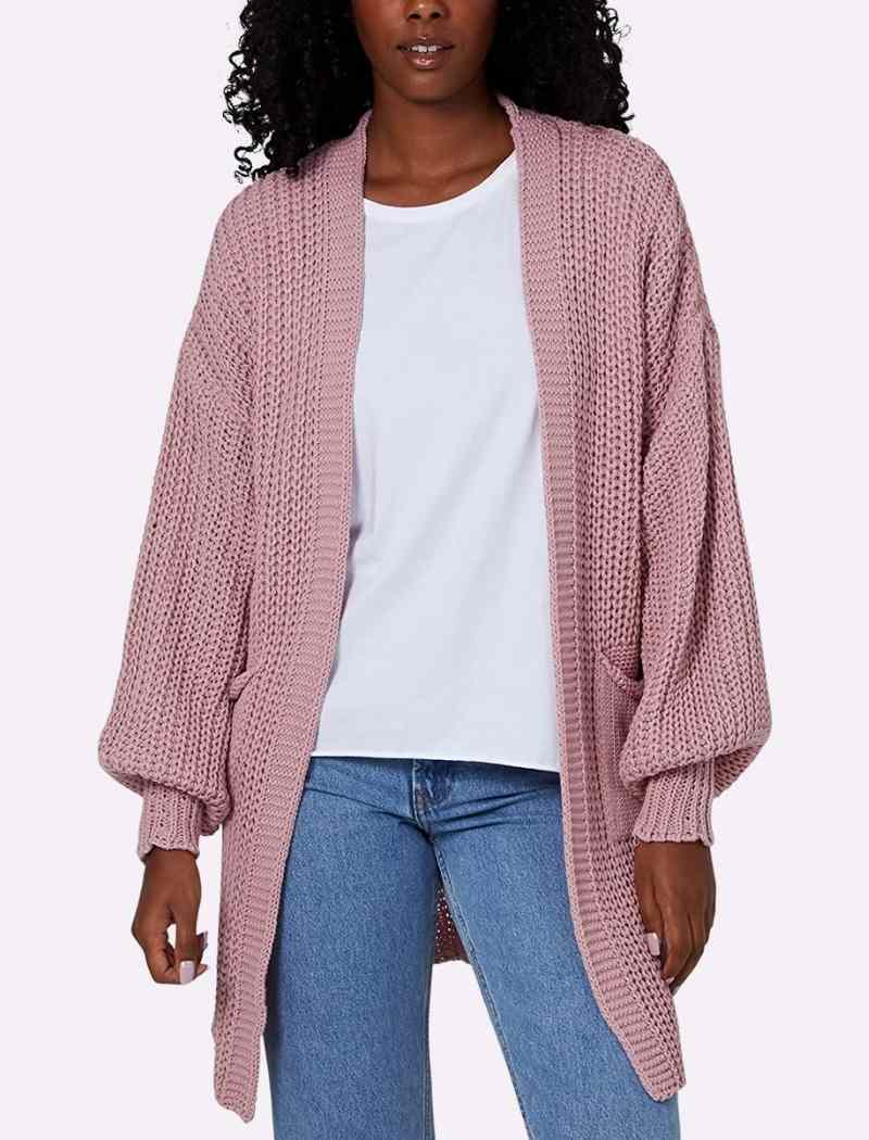 Balloon Sleeve Mid-Length Cardigan