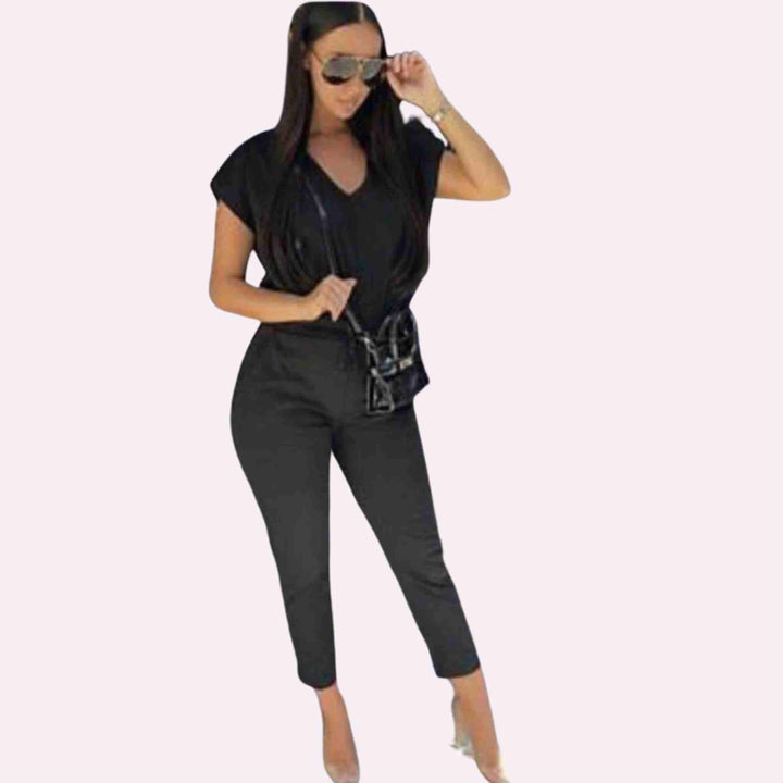 Short Sleeve V Neck Loungewear 2 Pc Top Bottoms Suit Set