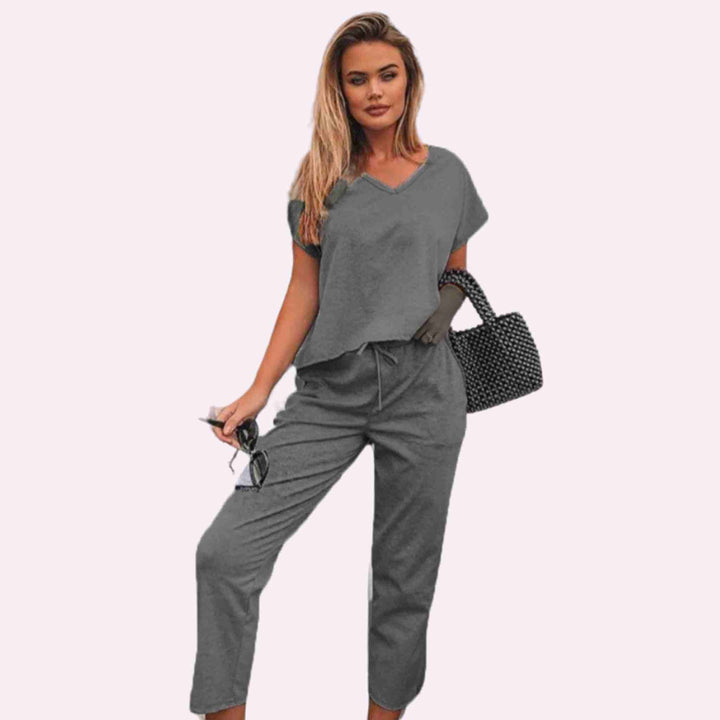 Short Sleeve V Neck Loungewear 2 Pc Top Bottoms Suit Set