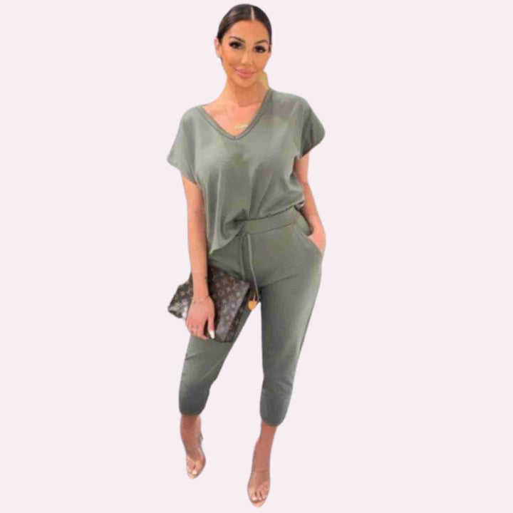 Short Sleeve V Neck Loungewear 2 Pc Top Bottoms Suit Set