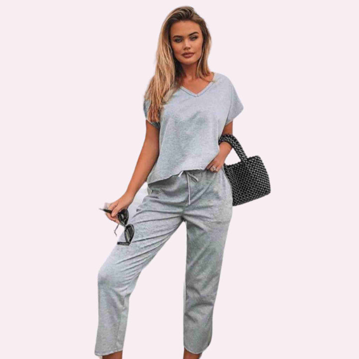 Short Sleeve V Neck Loungewear 2 Pc Top Bottoms Suit Set