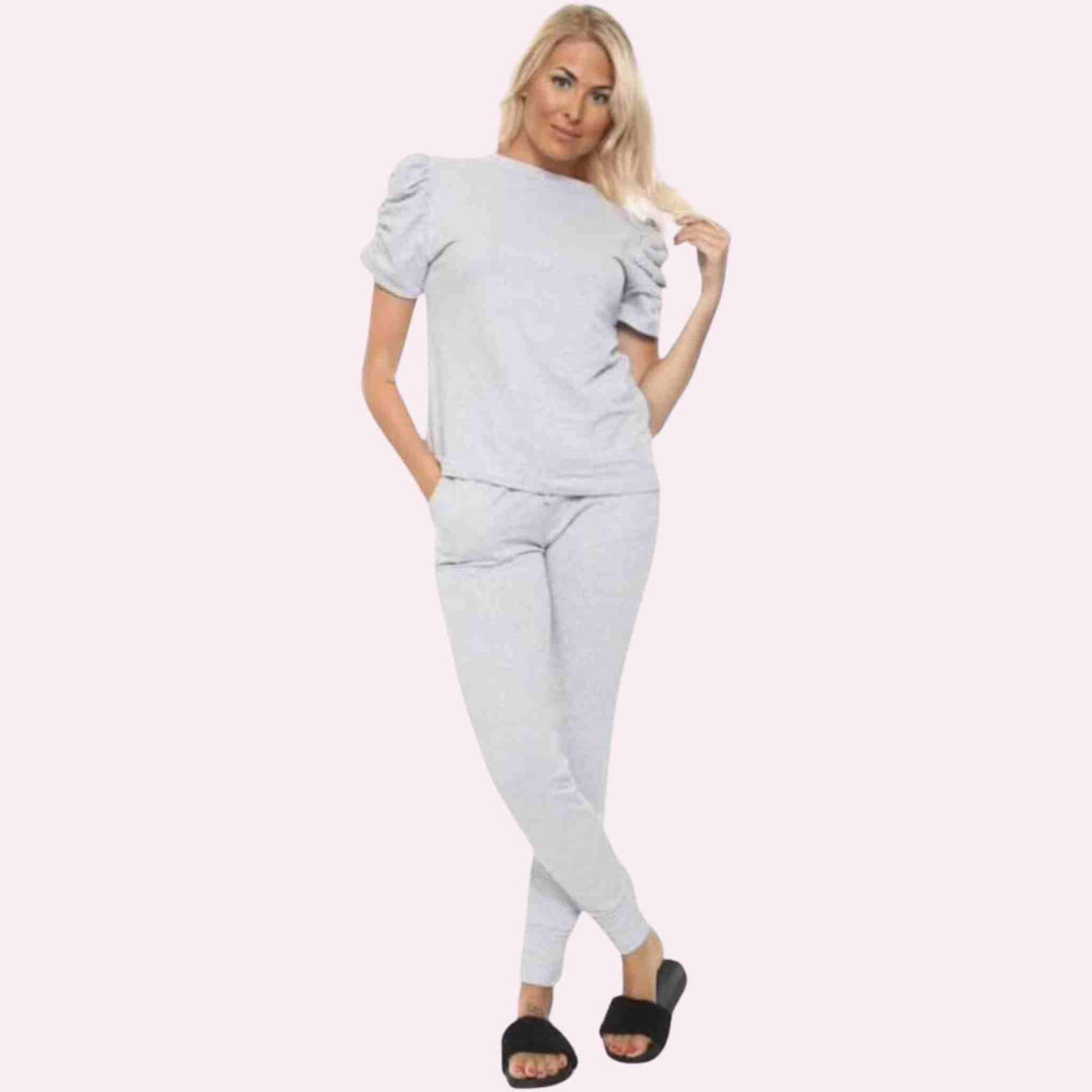 Womens Ruffle Puff Ruched Sleeve 2 Piece Loungewear