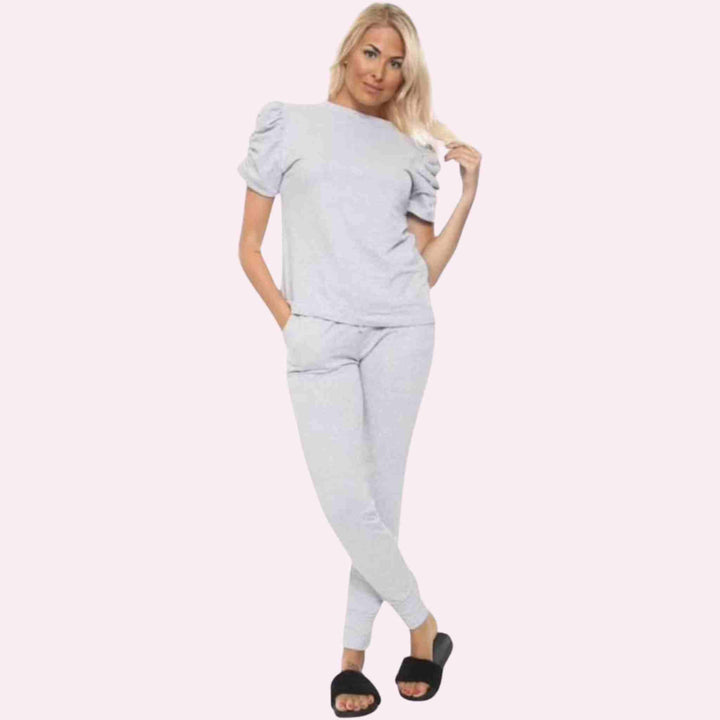 Womens Ruffle Puff Ruched Sleeve 2 Piece Loungewear